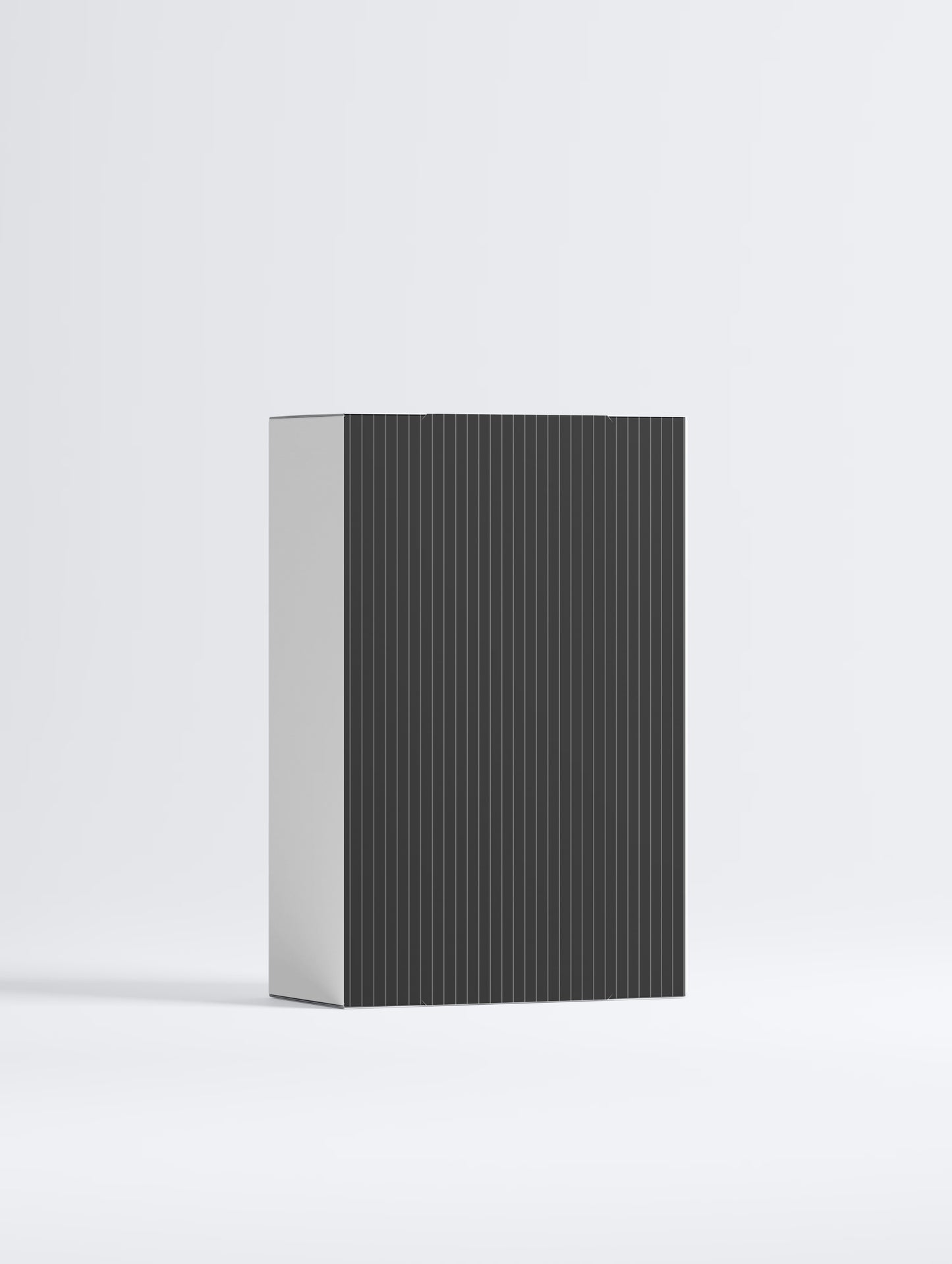 A minimalist rectangular product box with a dark gray vertically ribbed front and a light gray side panel, shown on a clean white studio background.