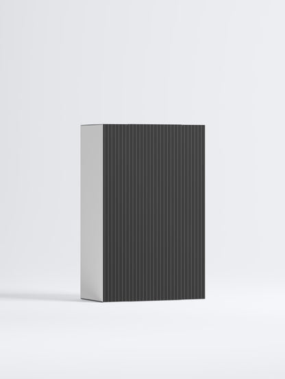 A minimalist rectangular product box with a dark gray vertically ribbed front and a light gray side panel, shown on a clean white studio background.