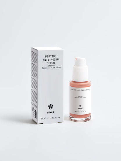 SOVRA Peptide Anti-Aging Serum in a clear bottle with a white pump, shown next to its white packaging box on a light gray background.