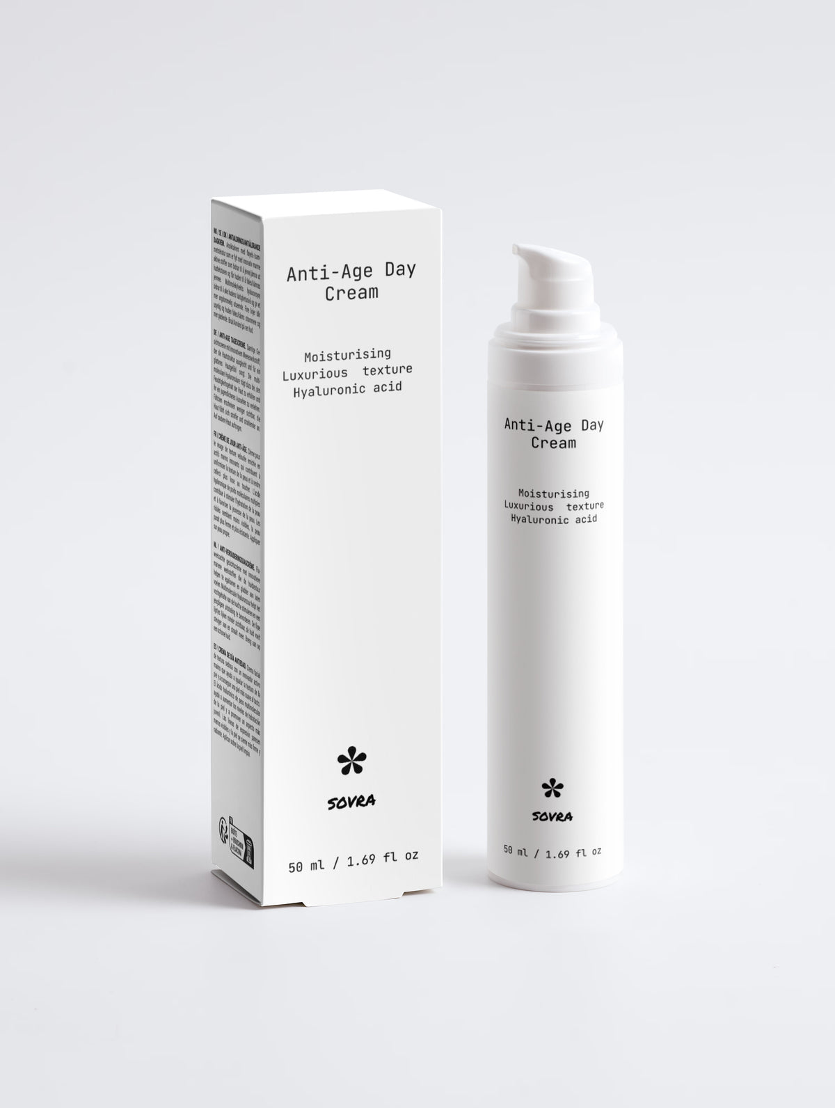 A white skincare pump bottle and its matching white packaging box for SOVRA Anti-Age Day Cream, photographed against a clean, light gray studio background.