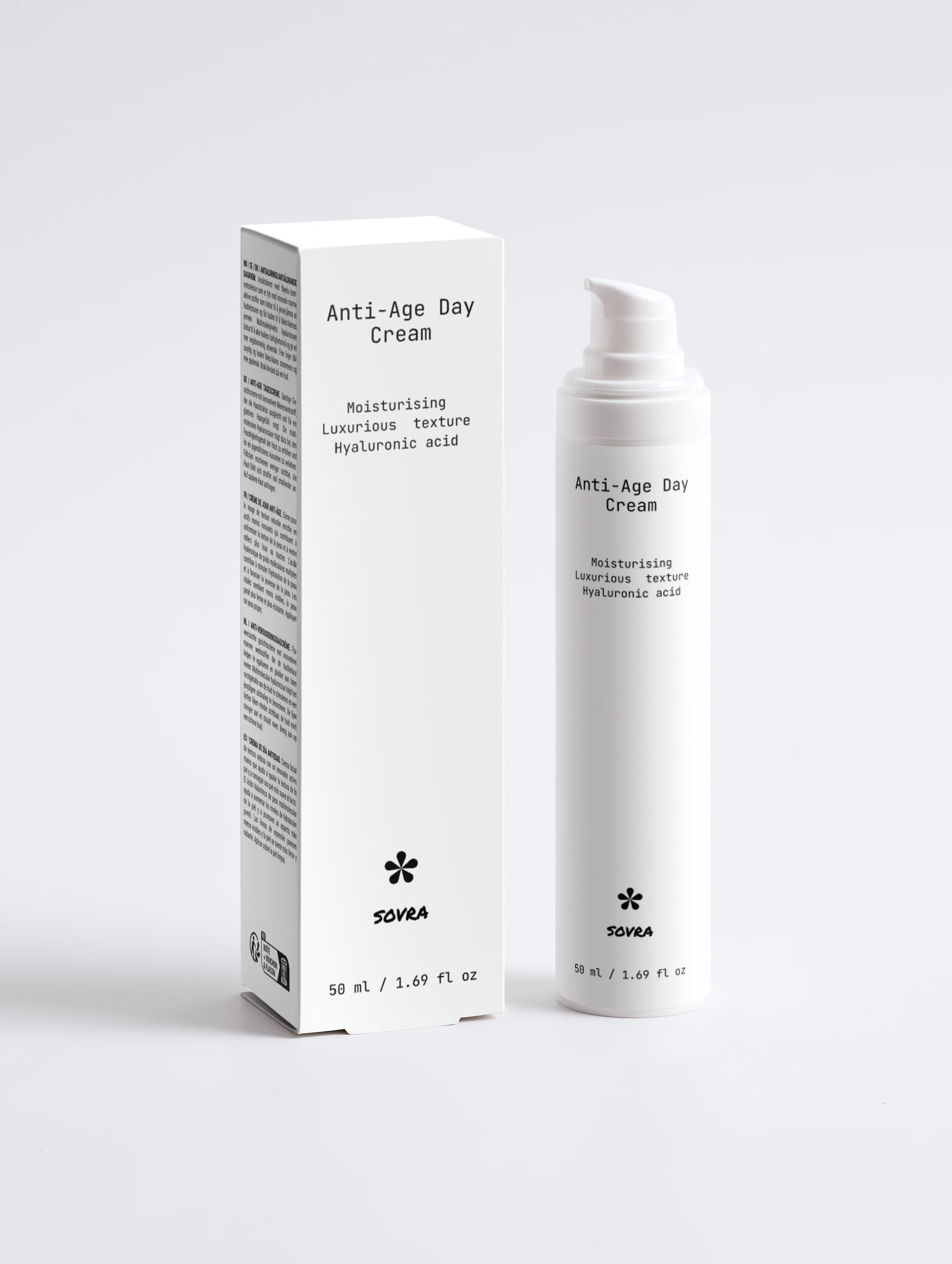 A white skincare pump bottle and its matching white packaging box for SOVRA Anti-Age Day Cream, photographed against a clean, light gray studio background.