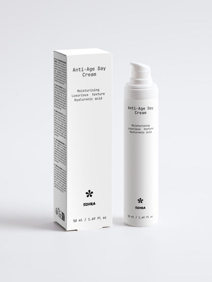 A white skincare pump bottle and its matching white packaging box for SOVRA Anti-Age Day Cream, photographed against a clean, light gray studio background.