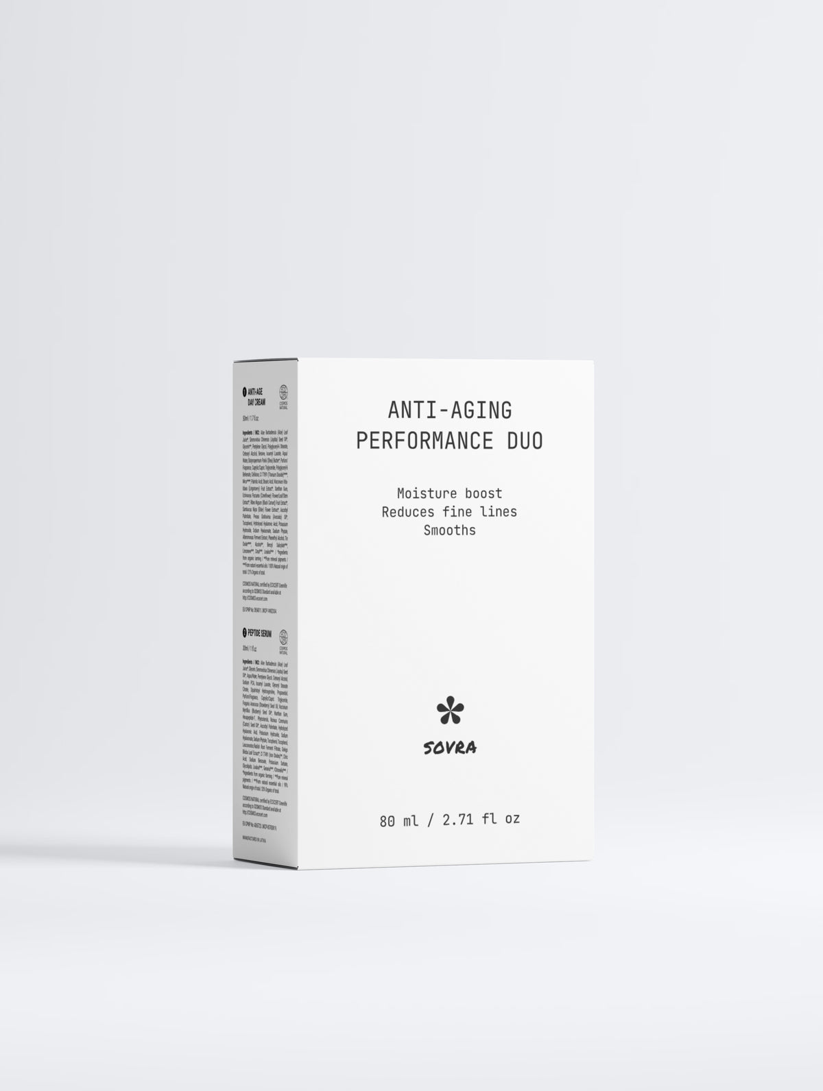 A white rectangular product box for SOVRA Anti-Aging Performance Duo, featuring black text and a small flower logo, set against a clean light gray background.