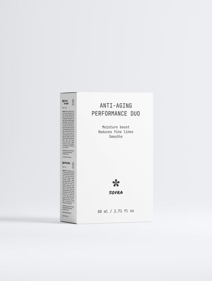 A white rectangular product box for SOVRA Anti-Aging Performance Duo, featuring black text and a small flower logo, set against a clean light gray background.